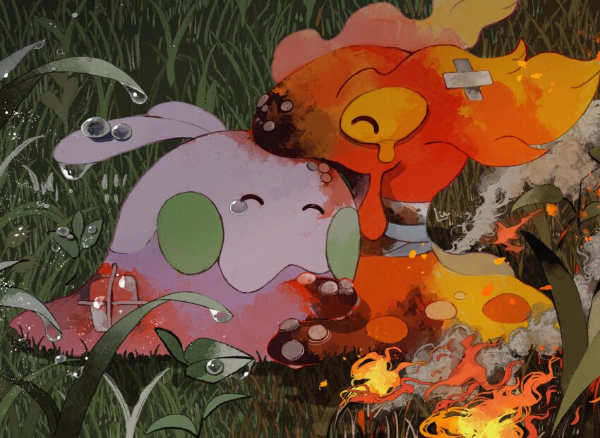 bandage_on_neck bandaid burning burnt closed_eyes colored_skin dew_drop fire gen_2_pokemon gen_6_pokemon goomy grass green_skin highres injury li04r multicolored_skin nintendo no_humans outdoors pokemon pokemon_(creature) purple_skin red_skin slugma smoke tears two-tone_skin water_drop yellow_skin