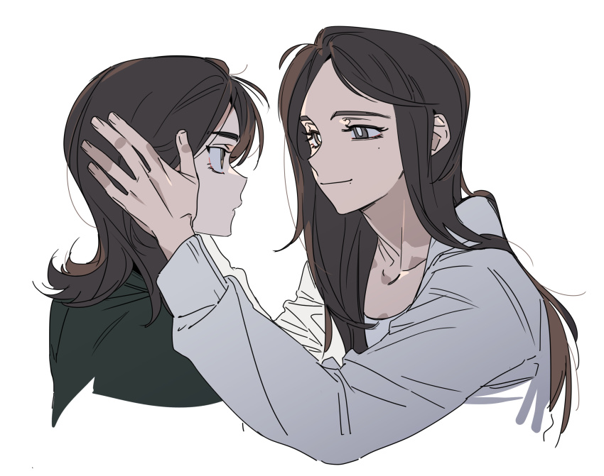 2girls brown_eyes brown_hair chinese_commentary commentary_request friendly_rivalry green_jacket hand_on_another&#039;s_head highres hood hoodie jacket long_hair looking_at_another molu_stranger multiple_girls smile white_hoodie woo_seul-gi yoo_je-i
