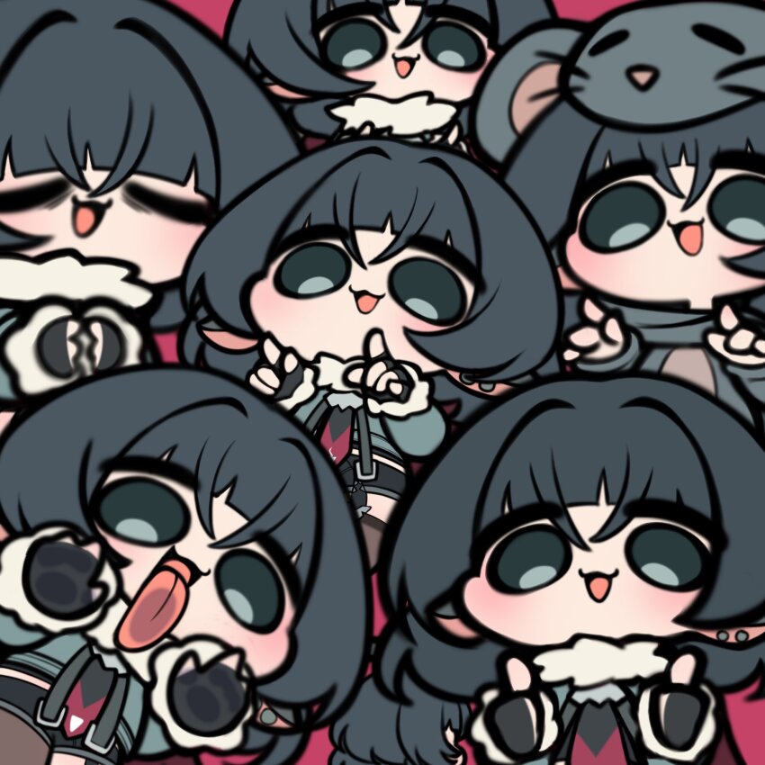 animal_costume animal_ears black_hair black_shorts chibi chibi_only closed_eyes garter_straps highres jane_doe_(zenless_zone_zero) licking_screen mini_person mouse_costume mouse_ears mouse_girl open_mouth otu_(o2h2_oh4) shorts single_garter_strap single_leg_pantyhose single_thighhigh tagme thighhighs zenless_zone_zero