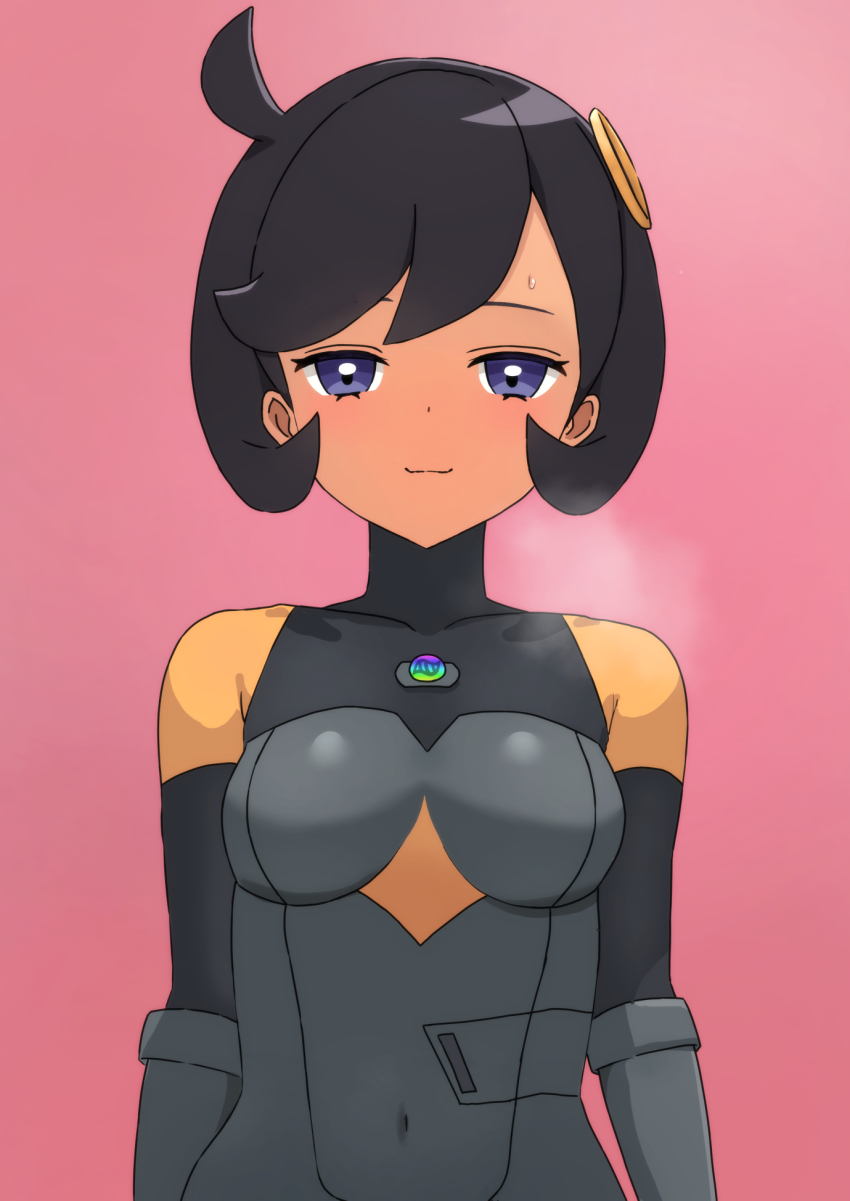 1girl black_hair blue_eyes bodysuit breasts breath closed_mouth commentary_request covered_collarbone covered_navel emma_(pokemon) gloves grey_bodysuit grey_gloves hair_ornament half-closed_eyes highres nintendo pink_background pokemon pokemon_legends:_z-a ranchiman short_hair smile solo sweatdrop upper_body