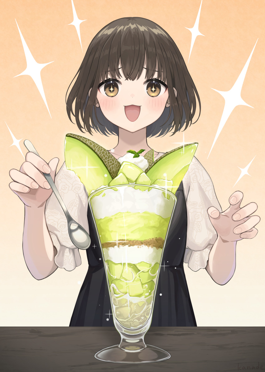1girl absurdres brown_eyes brown_hair food fruit highres melon open_mouth parfait spoon