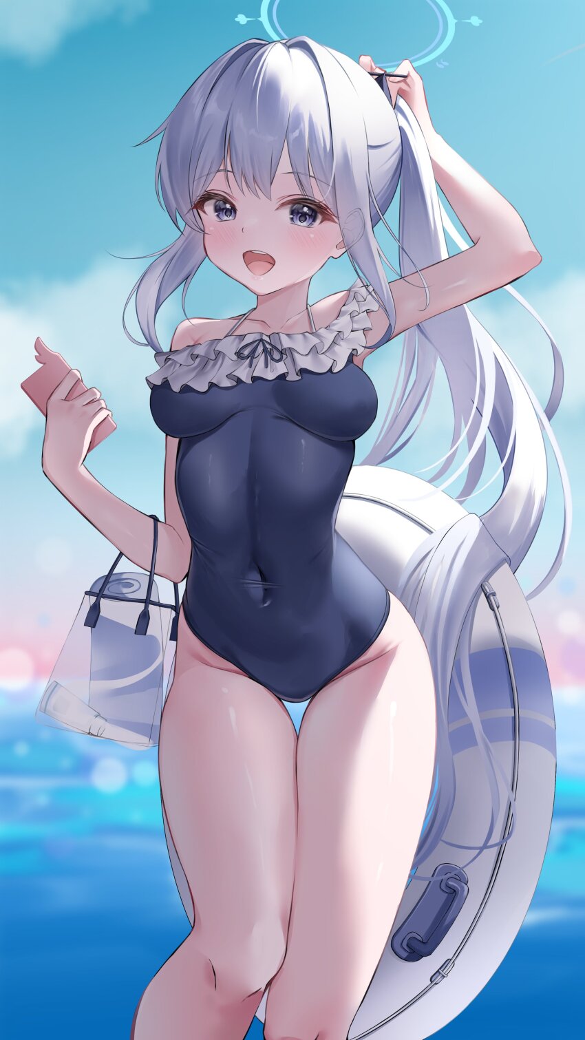 1girl :d absurdres arm_up bare_arms bare_shoulders black_one-piece_swimsuit blue_archive blue_eyes blue_halo blue_sky blurry blurry_background blush breasts breasts_apart collarbone commentary_request covered_navel curvy day feet_out_of_frame frilled_one-piece_swimsuit frills groin hair_intakes halo hand_up happy highres holding holding_phone impossible_clothes long_hair looking_at_viewer medium_breasts miyako_(blue_archive) miyako_(swimsuit)_(blue_archive) off-shoulder_one-piece_swimsuit off_shoulder one-piece_swimsuit open_mouth outdoors phone ponytail sidelighting sidelocks simple_background sky smile solo standing swim_ring swimsuit teeth thigh_gap thighs upper_teeth_only very_long_hair wfa5051 white_background white_hair