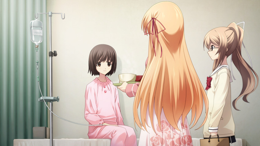 1girl 3girls bag bed blazer bow brown_eyes brown_hair brown_jacket buttons chaos;child check_clothing chest_bow clinic clothing_request curtains dress flat_chest floral_print from_behind from_side game_cg glasses green_curtains hair_between_eyes hair_ribbon hand_on_lap hekiho_academy_school_uniform highres holding holding_bag hospital hospital_bed indoors infirmary intravenous_drip iv_stand jacket kurusu_nono long_hair long_sleeves looking_to_the_side miniskirt multiple_girls non-web_source official_art on_bed one_side_up orange_hair pajamas pink_dress pink_pajamas pink_ribbon pocket puffy_collar puffy_long_sleeves puffy_sleeves red_bow ribbon round_eyewear sailor_collar sasaki_mutsumi side_ponytail sidelocks skirt solo swept_bangs tachibana_yui white_ribbon white_sailor_collar yamazoe_uki