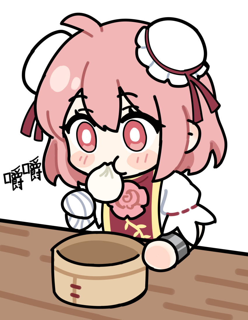 1girl absurdres bandaged_arm bandages blush bun_cover commentary double_bun eating food hair_bun highres ibaraki_kasen pink_eyes pink_hair que_si_tian_yu_ze shirt short_sleeves simple_background solo steamed_bun symbol-only_commentary tabard touhou upper_body white_background white_shirt