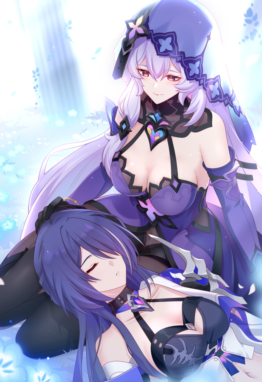 2girls acheron_(honkai:_star_rail) armor bare_shoulders black_choker black_collar black_gloves black_pantyhose black_shirt black_swan_(honkai:_star_rail) breasts choker cleavage closed_eyes closed_mouth collar commentary_request criss-cross_halter detached_sleeves dress gloves hair_between_eyes hair_over_one_eye halterneck highres honkai:_star_rail honkai_(series) lap_pillow large_breasts long_hair looking_at_another m-1ng multicolored_hair multiple_girls navel pantyhose parted_lips purple_dress purple_hair purple_sleeves purple_veil shirt shoulder_armor single_bare_shoulder sitting sleeping smile streaked_hair veil very_long_hair