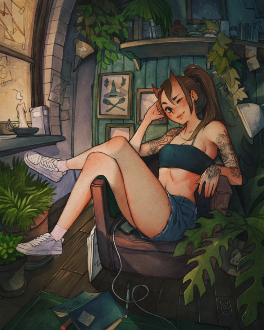1girl arm_tattoo armchair artist_logo blue_shirt blue_shorts blush boku_no_hero_academia breasts cable candle cellphone chair cleavage closed_mouth collarbone commentary crop_top crossed_legs dated demon_horns earrings floor_lamp freckles full_body green_eyes hair_between_eyes hair_over_shoulder hand_rest hand_tattoo hanging_plant highres horns indoors jewelry lamp logo looking_at_viewer navel on_chair one_eye_closed open_mouth original pen phone picture_frame pink_socks plant ponytail potted_plant rug shelf shirt shoes short_shorts shorts simz sitting_sideways small_horns smartphone socks solo spaghetti_strap tattoo white_shoes white_sneakers window wooden_floor