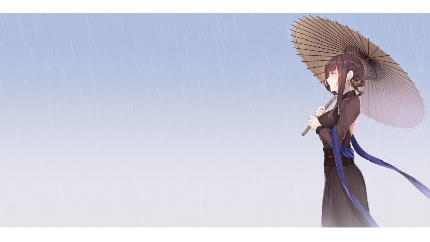 1girl black_dress breasts brown_eyes brown_hair cartonbox_(zhixiang_zhi) china_dress chinese_clothes closed_mouth dress earrings hair_ornament highres holding holding_umbrella jewelry long_hair looking_away medium_breasts oil-paper_umbrella rain remodel_(warship_girls_r) simple_background solo standing umbrella warship_girls_r water_drop yat_sen_(warship_girls_r)