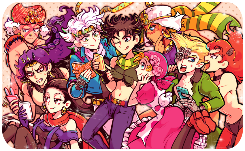 2girls 6+boys :3 :q alternate_color bad_id bad_pixiv_id battle_tendency black_hair blonde_hair blue_jacket brown_hair caesar_anthonio_zeppeli cellphone chocoblood crop_top denim dress esidisi everyone facial_mark green_scarf groin headband highres horns jacket jeans jojo_no_kimyou_na_bouken joseph_joestar joseph_joestar_(young) kars_(jojo) licking_lips lisa_lisa looking_at_phone midriff multicolored_scarf multiple_boys multiple_girls one_eye_closed pants phone pincushion pink_scarf purple_hair red_dress red_hair red_scarf rudolph_von_stroheim santana_(jojo) scarf smartphone stitches striped_clothes striped_scarf suzi_q time_paradox tongue tongue_out triangle_print turban wamuu white_hair yellow_scarf