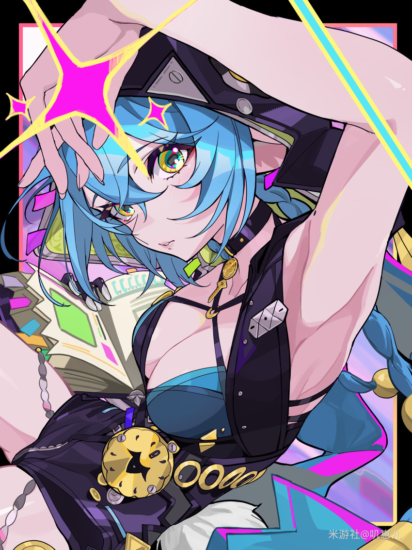 1girl absurdres animal_ears arm_up armpits black_border black_unitard blue_hair blush book border braid breasts choker cleavage collarbone commentary_request crossed_bangs from_side goat_ears goat_girl hair_between_eyes highres holding holding_book hood hood_up horizontal_pupils jizaier key key_choker long_hair looking_at_viewer lucia_elowen medallion medium_breasts mole mole_on_arm parted_lips purple_background single_sleeve solo sparkle twin_braids two-tone_background white_background yellow_eyes zenless_zone_zero