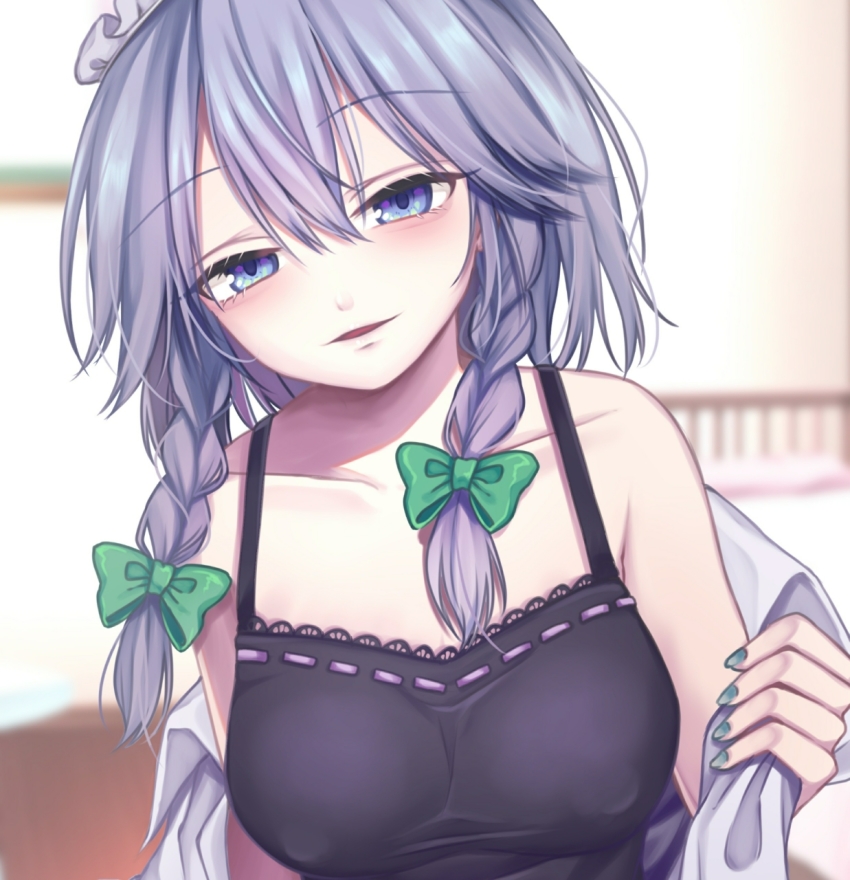 1girl black_nightgown blue_eyes blush breasts camisole collarbone collared_shirt eyelashes grey_hair grey_nails highres izayoi_sakuya lingerie maid_headdress medium_breasts medium_hair nail_polish naughty_face nightgown open_mouth rnkgmn shirt sleepwear touhou underwear undressing white_shirt