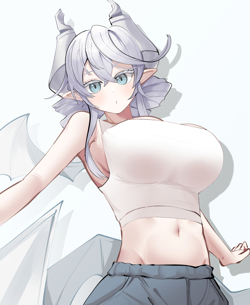 1girl absurdres bare_shoulders breasts cleavage cotan_(actancyaga) cowboy_shot crop_top demon_girl drill_hair duel_monster grey_eyes grey_hair highres large_breasts lovely_labrynth_of_the_silver_castle low_wings missing_commentary multiple_wings navel pointy_ears shirt simple_background solo twin_drills white_background white_shirt white_wings wings yu-gi-oh!