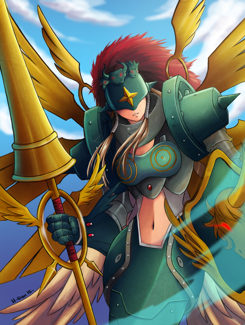 1girl absurdres angel angel_girl angel_wings armor blonde_hair blue_sky breastplate breasts cloud covered_eyes digimon digimon_(creature) facing_viewer floating_hair gauntlets gloves helmet highres holding holding_lance holding_polearm holding_shield holding_weapon lance large_breasts long_hair looking_at_viewer midriff multiple_wings navel ofanimon outdoors parted_lips polearm shield shoulder_armor skirt sky solo spiked_helmet spikes star_(symbol) teeth weapon wings