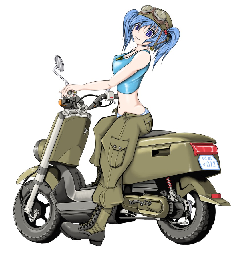1girl :3 absurdres bad_id bad_pixiv_id bare_shoulders blue_eyes blue_hair boots breasts crop_top female_focus full_body goggles goggles_on_head hair_bobbles hair_ornament helmet highres kawashiro_nitori key large_breasts matching_hair/eyes motor_vehicle motorcycle panties scooter simple_background smile solo striped_clothes striped_panties tank_top touhou touketsu_(ice_blast) twintails two_side_up underwear unzipped vehicle white_background yamaha yamaha_c3 yamaha_vox