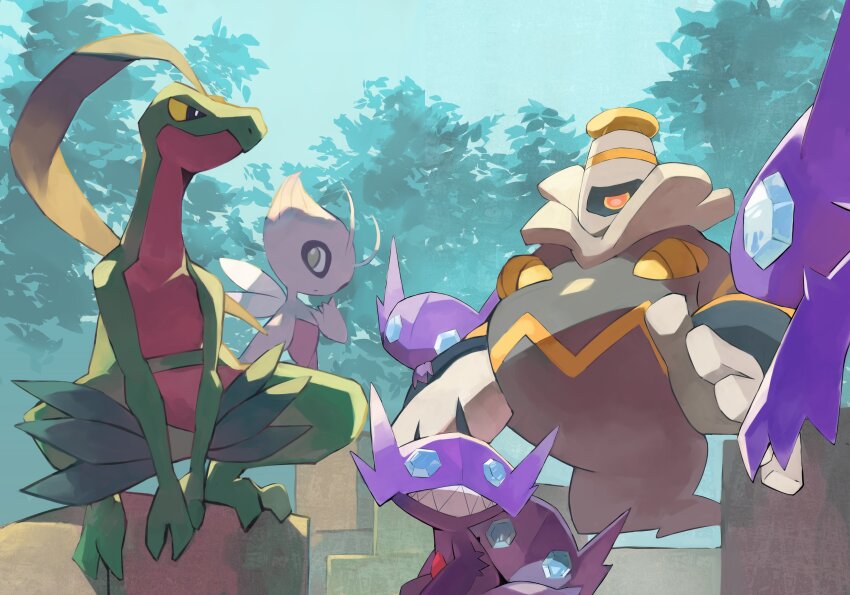 absurdres black_sclera blue_skin celebi colored_sclera colored_skin crystal_eye dusclops gara_(qbeuxvii22) gen_2_pokemon gen_3_pokemon ghost ghost_tail green_eyes grovyle highres legendary_pokemon mythical_pokemon nintendo no_humans one-eyed pokemon pokemon_(creature) pokemon_mystery_dungeon pokemon_mystery_dungeon:_explorers_of_time/darkness/sky purple_skin sableye sharp_teeth teeth trait_connection tree yellow_sclera