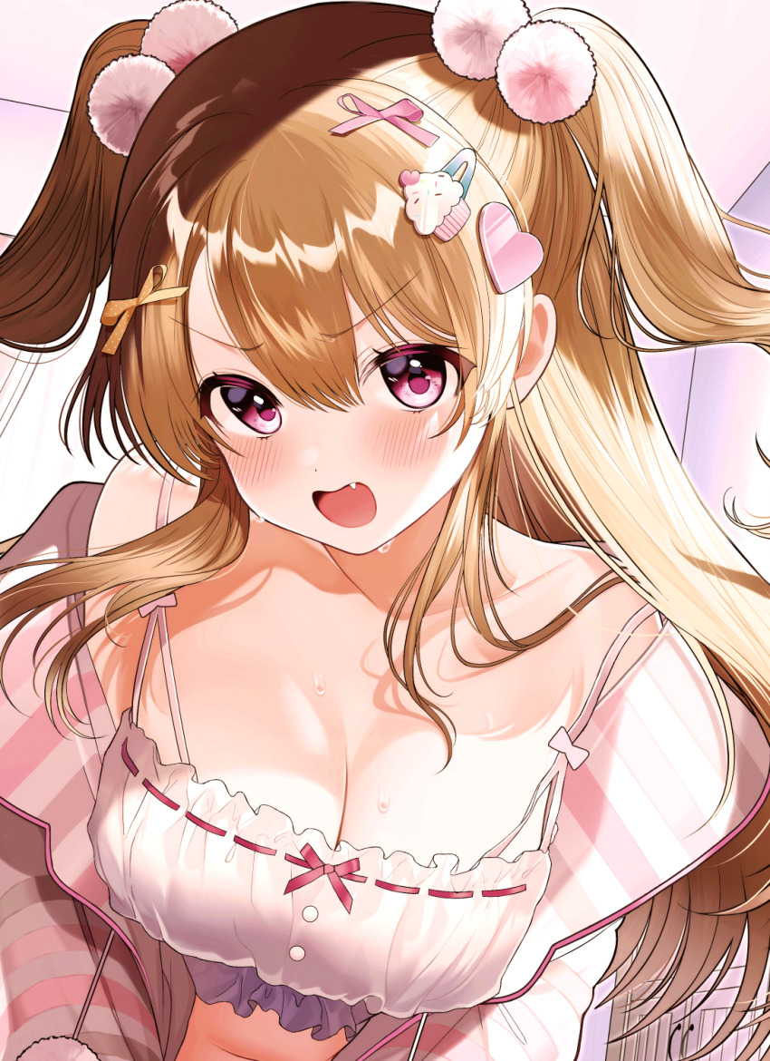 1girl bare_shoulders blush bra breasts brown_hair cleavage collarbone dengeki_moeoh fang food-themed_hair_ornament hair_between_eyes hair_ornament hairclip half_updo head_tilt heart heart_hair_ornament highres hood hoodie ice_cream_hair_ornament indoors lace lace-trimmed_bra lace_trim leaning_forward long_hair looking_at_viewer medium_breasts navel open_clothes open_hoodie open_mouth original pink_eyes pomu_(pomu_me) solo striped_clothes striped_hoodie sweatdrop underwear upper_body white_bra