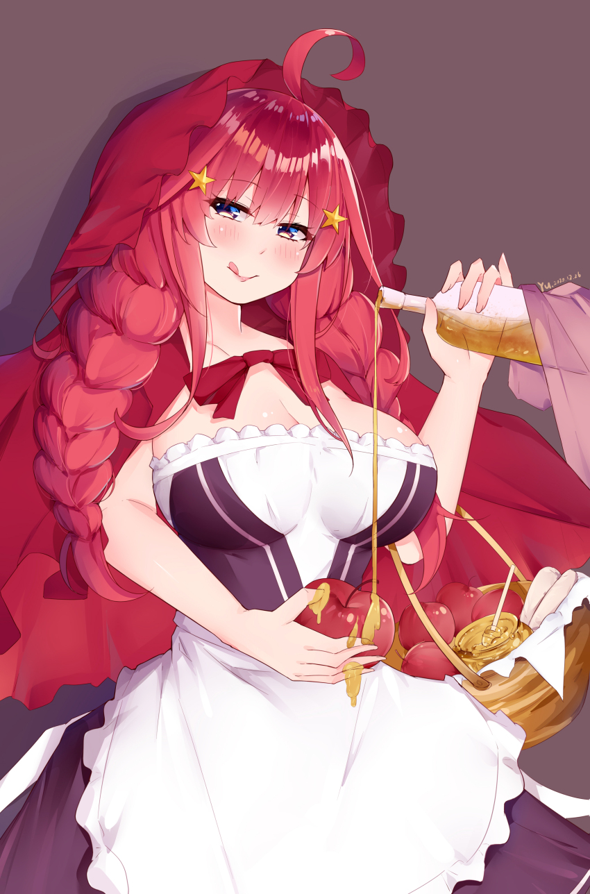 1girl absurdres ahoge alternate_costume alternate_hairstyle apple apron basket blue_eyes blush bottle braid breasts chinese_commentary cleavage collarbone commentary_request dated dress food frilled_apron frills fruit go-toubun_no_hanayome hair_ornament highres holding holding_basket holding_bottle holding_food honey hood hood_up large_breasts long_hair looking_at_viewer nakano_itsuki pouring purple_background purple_dress red_hair red_hood signature simple_background solo standing star_(symbol) star_hair_ornament strapless strapless_dress tongue tongue_out twin_braids waist_apron white_apron xianyue_liuyu