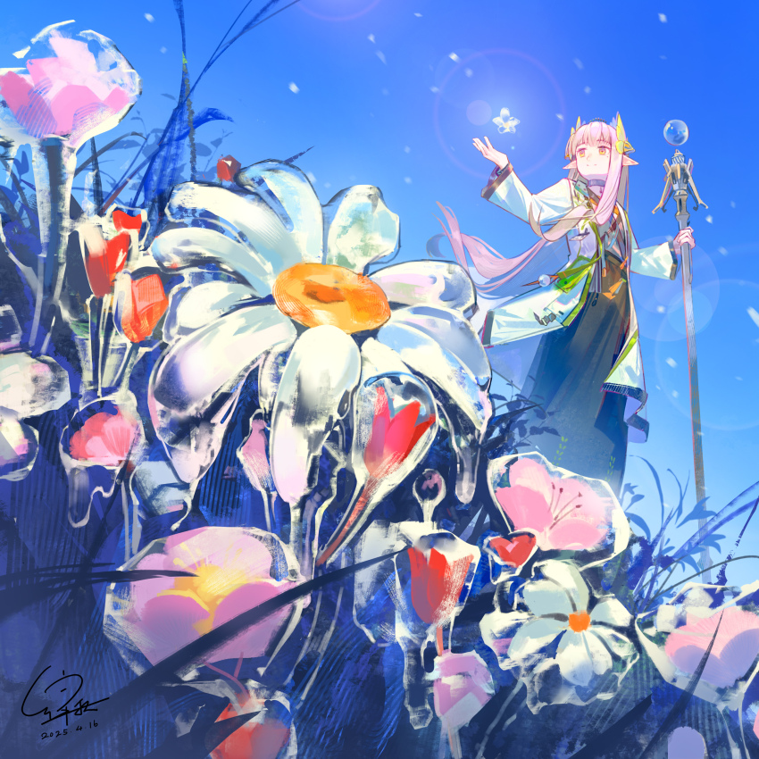 1girl absurdres arknights artist_name black_choker black_skirt blue_background choker coat dated elf floating floating_flowers flower highres holding holding_staff laurel_crown lens_flare levitation long_hair lyuqiu mole mole_under_eye muelsyse_(arknights) open_clothes open_coat orange_eyes pink_flower pointy_ears red_flower skirt solo staff very_long_hair white_coat white_flower