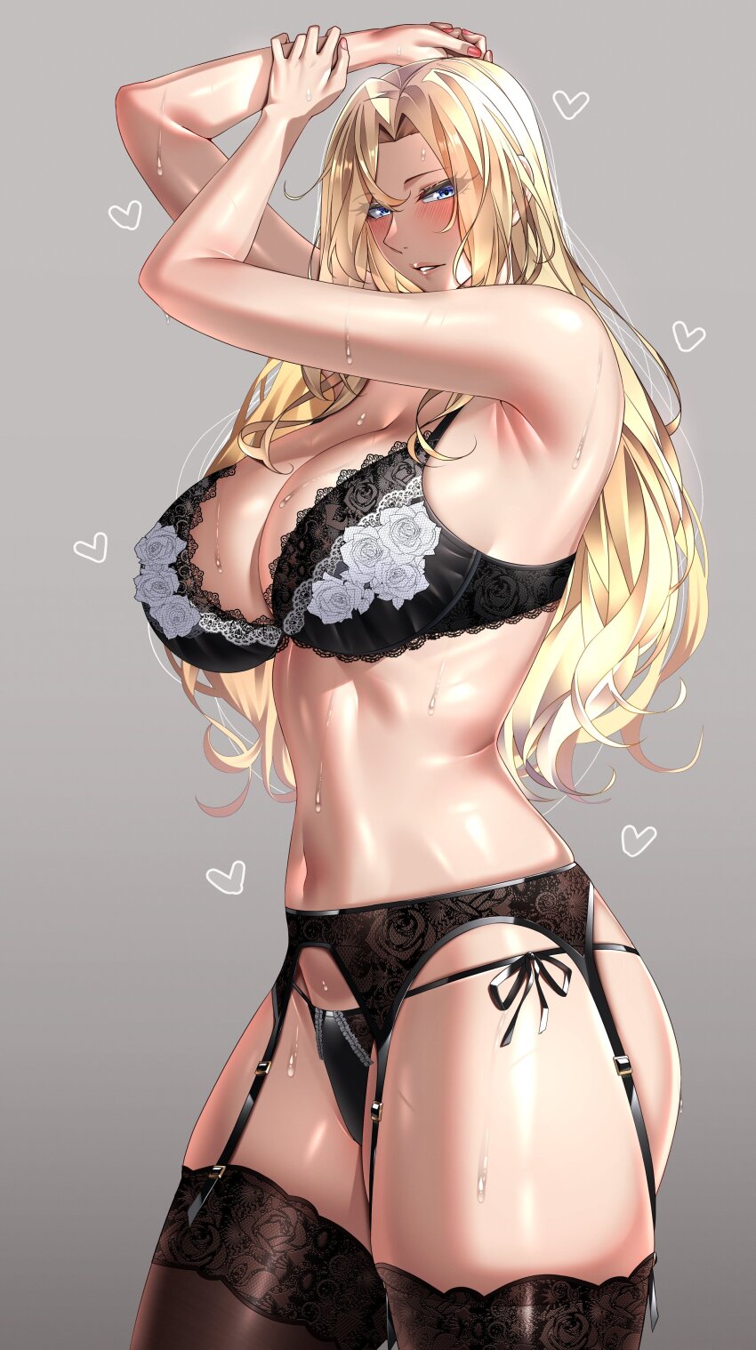 1girl absurdres black_bra black_panties black_thighhighs blonde_hair blue_eyes bra breasts cleavage cowboy_shot garter_belt garter_straps grey_background hair_intakes highres hornet_(kancolle) kantai_collection kome_cola large_breasts lingerie long_hair panties parted_lips side-tie_panties simple_background solo sweat thighhighs underwear underwear_only