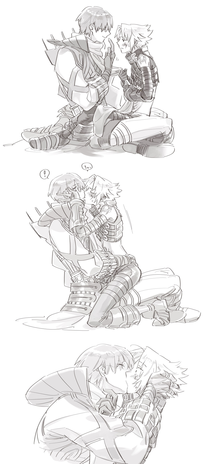 ! .hack// .hack//g.u. 2boys absurdres blush commentary_request crop_top embarrassed facial_tattoo full_body gloves greyscale hands_on_another&#039;s_cheeks hands_on_another&#039;s_face haseo_(.hack//) highres kiss leaning_forward maishi male_focus monochrome multiple_boys ovan_(.hack//) pointing pointing_at_self scarf scarf_pull shoulder_tattoo sitting sitting_on_lap sitting_on_person spoken_exclamation_mark stomach_tattoo surprised tattoo yaoi