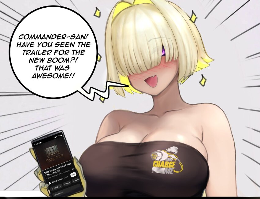 1girl bandeau black_bandeau black_tube_top blonde_hair blush breasts cellphone cleavage doom:_the_dark_ages doom_(series) elegg_(nikke) english_text fang gloves goddess_of_victory:_nikke hair_intakes hair_over_eyes highres large_breasts long_bangs multicolored_gloves multicolored_hair open_mouth phone purple_eyes raskasar short_hair simple_background smartphone smile solo speech_bubble strapless tube_top two-tone_hair yellow_gloves youtube