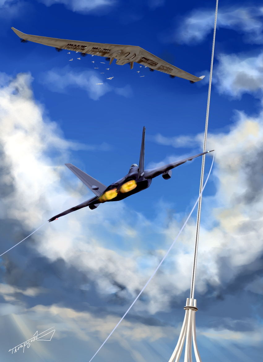 ace_combat ace_combat_7:_skies_unknown afterburner aircraft airplane bandai_namco blue_sky cloud commentary_request contrail day drone f-22 f-22_raptor fas_(ace_combat) fighter_jet highres military military_vehicle propeller signature sky space_elevator thompson_(solowingfh) unmanned_aerial_vehicle unmanned_combat_aerial_vehicle vehicle_focus