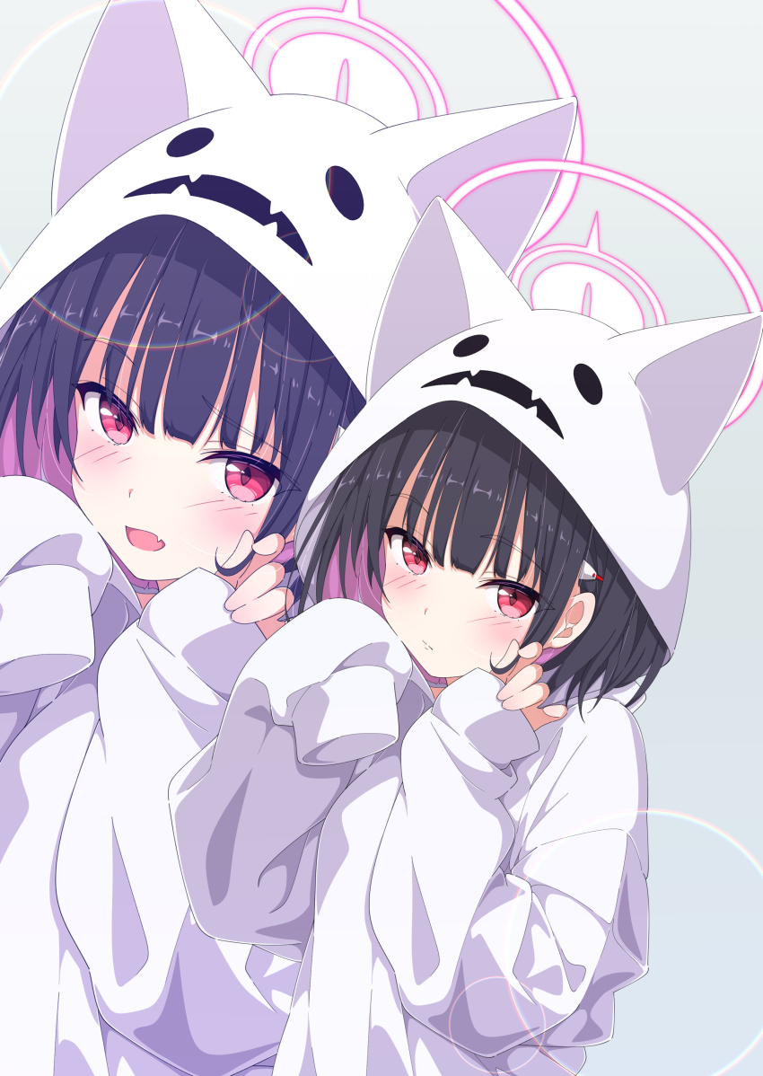 1girl absurdres animal_ears black_hair blue_archive closed_mouth colored_inner_hair commentary different_zoom_layer fang ghost_costume halo highres hood hood_up hoodie kame_(nokonoko10271) kazusa_(blue_archive) long_sleeves multicolored_hair open_mouth pink_eyes pink_hair pink_halo red_eyes short_hair skin_fang sleeves_past_fingers sleeves_past_wrists two-tone_hair white_hoodie zoom_layer