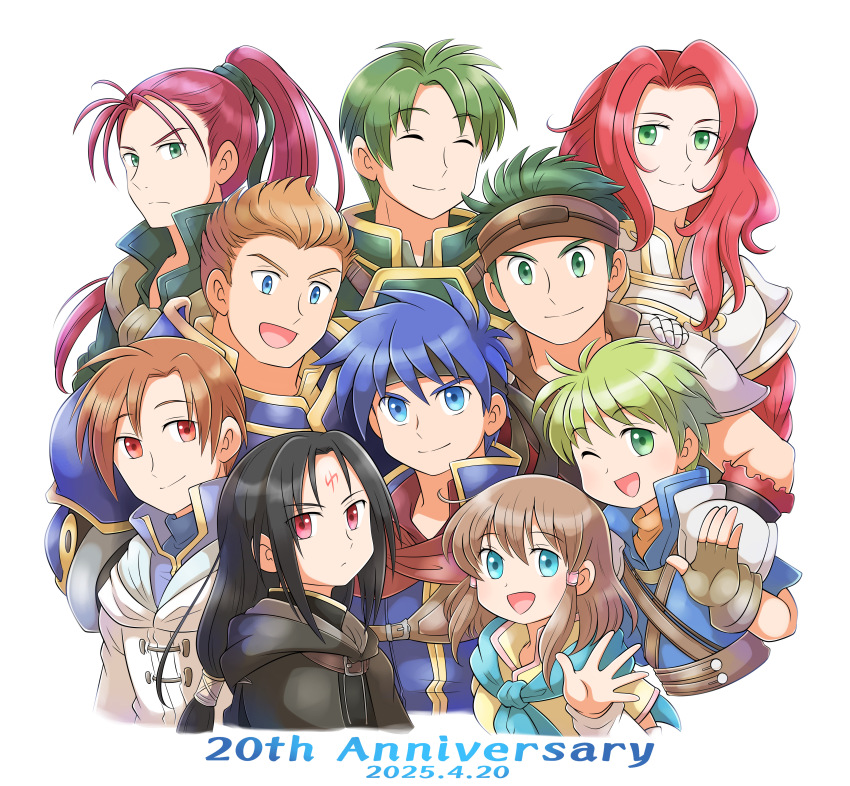 2girls 6+boys absurdres anniversary aogaeru_(pixiv46613656) armor black_hair blue_eyes blue_hair boyd_(fire_emblem) brown_hair closed_eyes commentary_request facial_mark fire_emblem fire_emblem:_path_of_radiance forehead_mark gatrie_(fire_emblem) green_eyes green_hair headband highres ike_(fire_emblem) long_hair mist_(fire_emblem) multiple_boys multiple_girls nintendo one_eye_closed oscar_(fire_emblem) ponytail red_eyes red_hair rhys_(fire_emblem) rolf_(fire_emblem) shinon_(fire_emblem) short_hair siblings soren_(fire_emblem) titania_(fire_emblem)