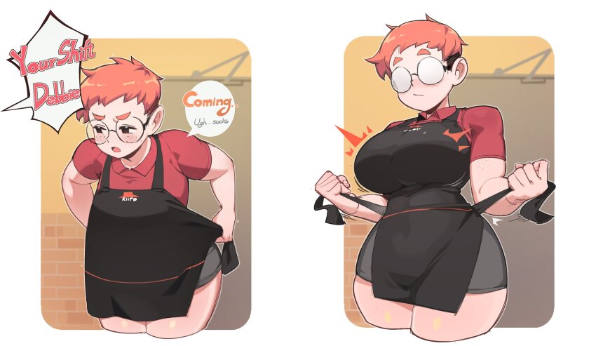 apron collared_shirt cropped_legs door employee_uniform english_text fast_food_uniform freckles glasses highres impossible_apron original pizza_hut red_hair red_shirt shirt short_hair shorts sin_(sintrybest) thick_eyebrows