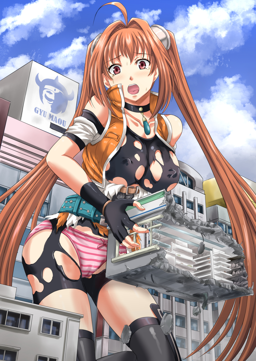 1girl absurdres ahoge antenna_hair blue_sky brown_hair building commission covered_erect_nipples destruction dragon_ball eiyuu_densetsu estelle_bright falcom fingerless_gloves giant giantess gloves gyuu_mao highres long_hair looking_at_viewer nao_takami open_mouth outdoors panties pantyshot pendant_choker red_eyes shirt size_difference skeb_commission sky solo sweat thighhighs torn_clothes torn_shirt torn_thighhighs twintails underwear very_long_hair
