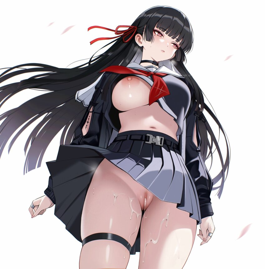 1girl arm_cutout ateoyh black_choker black_hair black_serafuku black_shirt black_skirt breasts chisa_(wuthering_waves) choker closed_mouth clothing_cutout commentary cowboy_shot cum cum_in_pussy cum_on_body cum_on_legs cumdrip hair_ribbon highres large_breasts long_hair long_sleeves looking_to_the_side mole mole_under_eye navel neckerchief nipples no_bra one_breast_out paid_reward_available pasties red_eyes red_neckerchief red_ribbon ribbon sailor_collar school_uniform serafuku shirt simple_background skirt solo stomach sweat tacet_mark_(wuthering_waves) thigh_strap thighs uncensored underwear white_background white_sailor_collar wind wuthering_waves