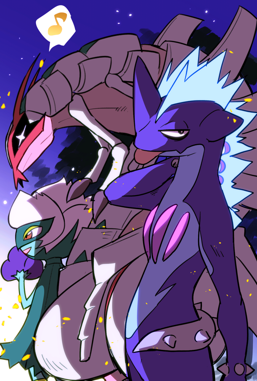black_eyes bright_pupils claws commentary_request gen_4_pokemon gen_7_pokemon gen_8_pokemon golisopod hand_up highres looking_at_viewer looking_to_the_side musical_note naruse_makoto nintendo no_humans open_mouth outdoors pokemon pokemon_(creature) roserade sky smile spoken_musical_note standing tongue tongue_out toxtricity toxtricity_(low_key) white_pupils
