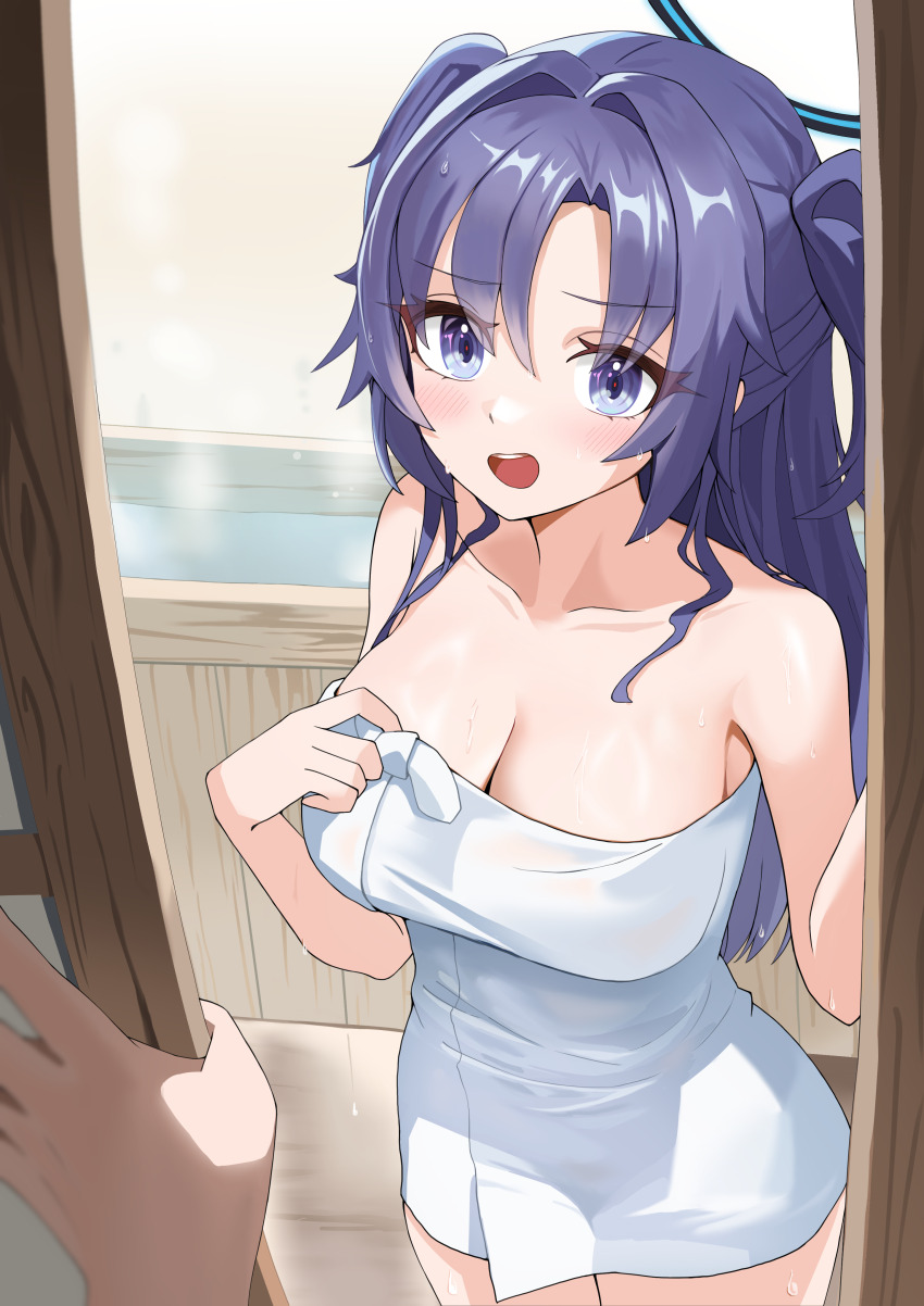 1boy 1girl :o absurdres bath blue_archive blush breasts cleavage collarbone domodomo0708 highres long_hair looking_at_viewer medium_breasts naked_towel ofuro pov pov_hands purple_eyes purple_hair sliding_doors steam towel two_side_up very_long_hair yuuka_(blue_archive)