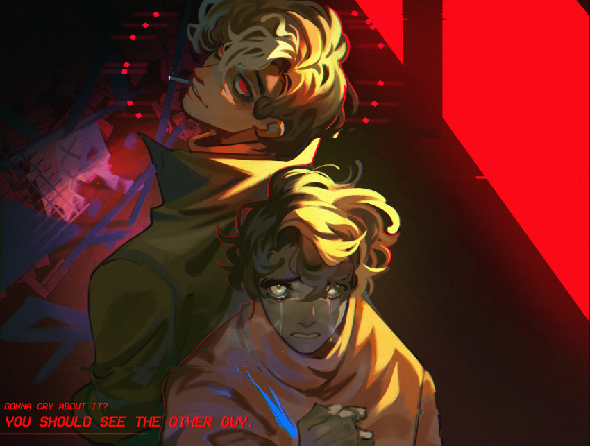 2boys absurdres brown_coat brown_hair cigarette coat colored_skin crying crying_with_eyes_open cyani07 dream_smp dual_persona english_text ghostbur grey_skin highres l&#039;manberg_flag looking_back lyrics male_focus minecraft_youtube multicolored_hair multiple_boys red_background red_eyes smoking streaked_hair sweater tears torn_clothes torn_flag torn_sweater white_eyes white_hair wilbur_soot yellow_sweater