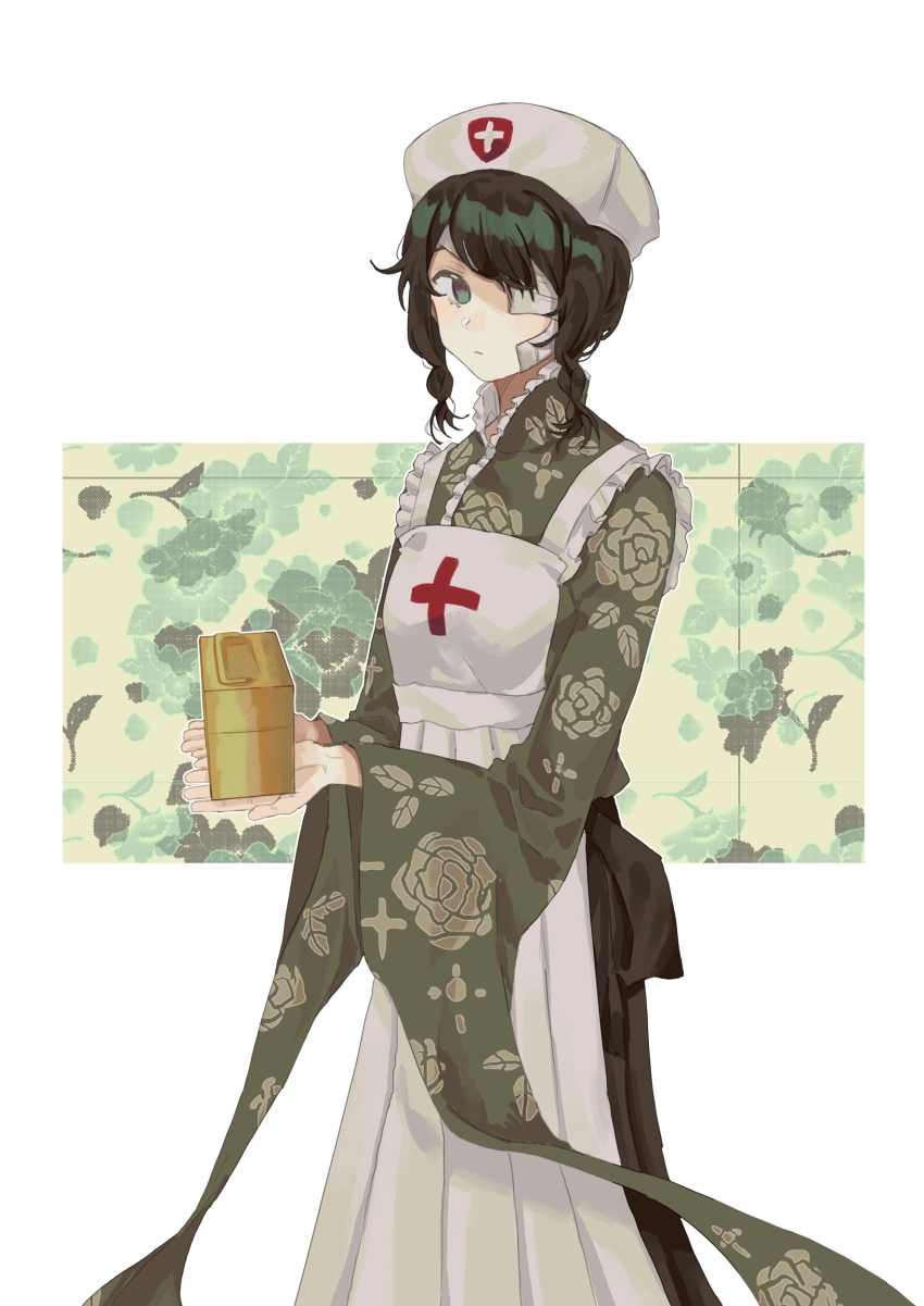 1984_(cw1000110) 1girl absurdres apron bandage_over_one_eye bandages black_hair box braid collared_dress cross dress eyepatch feet_out_of_frame floral_background furisode_sleeves green_eyes hat highres holding holding_box kobushi_abiru looking_at_viewer nurse nurse_cap red_cross sayonara_zetsubou_sensei solo twin_braids white_apron white_background