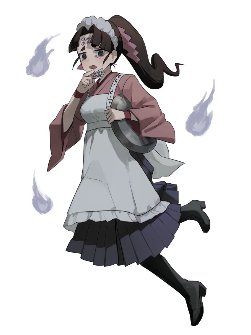 1girl @_@ absurdres ace_attorney apron back_ribbon between_fingers black_boots black_eyes black_hair blue_skirt blunt_ends boots commentary_request curled_fingers curtained_hair dot_nose floating hair_ribbon hakama hakama_skirt hand_up high_heel_boots high_heels high_ponytail highres holding holding_ofuda holding_tray japanese_clothes jinxie_tenma kimono korean_commentary leg_up long_sleeves looking_to_the_side maid_apron maid_headdress medium_skirt ofuda ofuda_between_fingers ofuda_on_head open_mouth phoenix_wright:_ace_attorney_-_dual_destinies pink_kimono pink_ribbon ponytail ribbon sidelocks simple_background skirt solo tears thick_eyebrows three_quarter_view tray white_background white_ribbon wide_sleeves will-o&#039;-the-wisp_(mythology) wristband zyaaaak