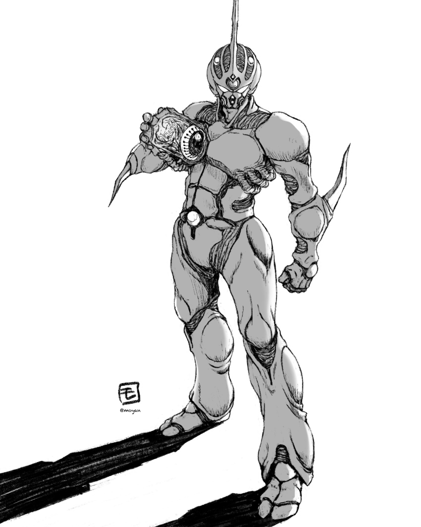 1other absurdres armor artist_logo artist_name backlighting biomechanical biopunk clenched_hand elbow_spikes facing_viewer greyscale guyver_i highres horns kyoushoku_soukou_guyver logo looking_at_viewer monochrome moyan power_armor procreate_(medium) science_fiction signature single_horn solo tokusatsu tube weapon western_comics_(style) white_background