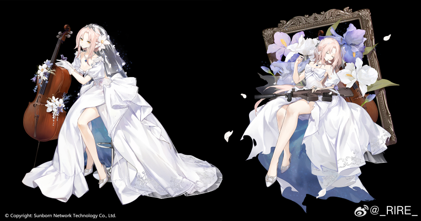 1girl assault_rifle aug_(blue_meditation)_(girls&#039;_frontline) aug_(girls&#039;_frontline) bare_legs black_background blue_gemstone breasts bridal_veil bullpup cello copyright_notice dress flower flower_request full_body gem girls&#039;_frontline gloves gun hair_flower hair_ornament high_heels highres instrument jewelry looking_at_viewer medium_breasts medium_hair mole mole_under_eye multiple_views necklace no_socks official_alternate_costume official_art parted_bangs parted_lips pearl_necklace puffy_short_sleeves puffy_sleeves rifle ring shoes short_sleeves simple_background sitting smile_(mm-l) solo steyr_aug stool tiara transparent_background two-sided_dress two-sided_fabric veil watermark weapon wedding_dress weibo_username weibo_watermark white_dress white_flower white_gloves white_hair white_shoes yellow_eyes
