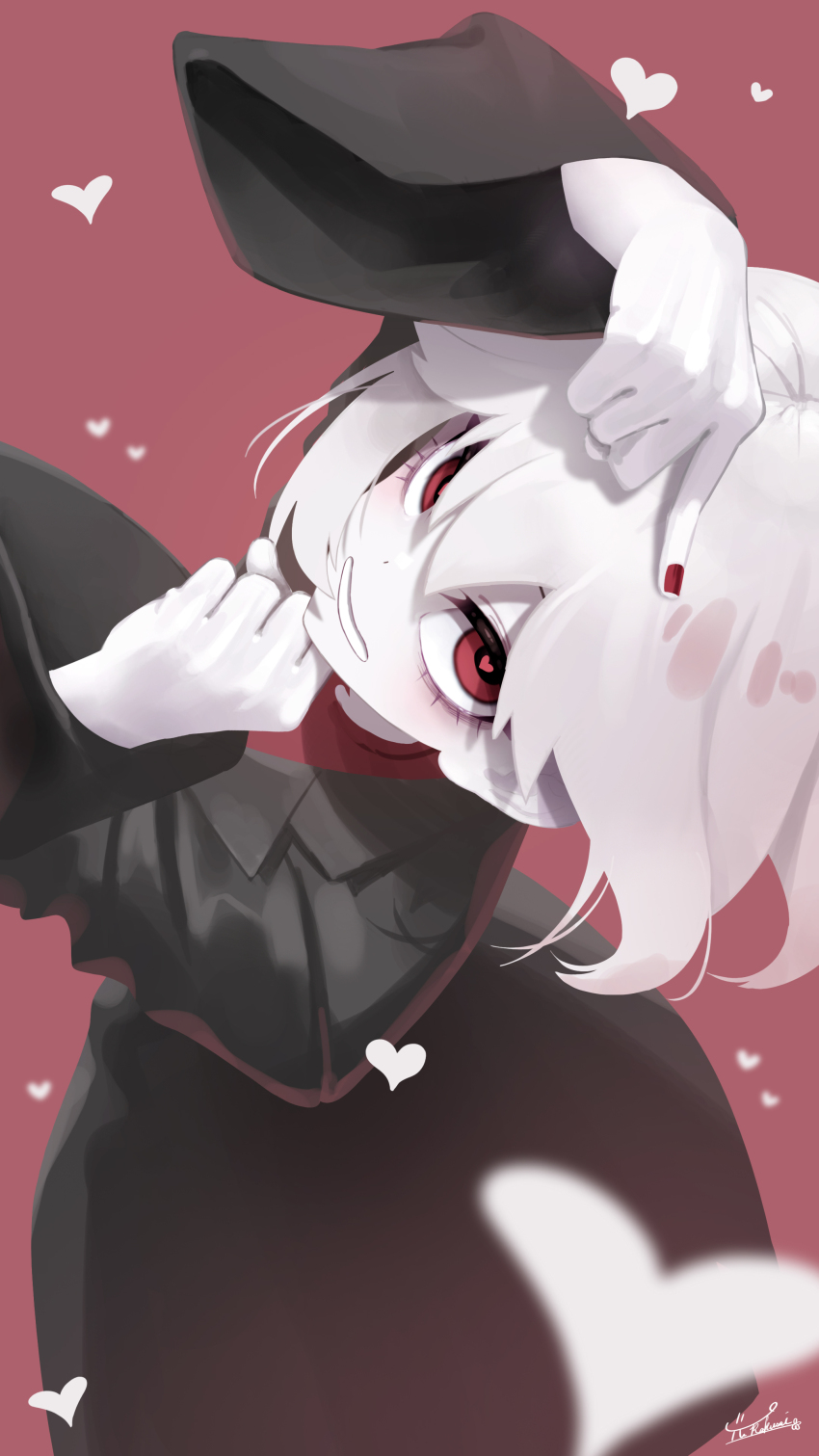 1girl absurdres black_coat coat crazy_eyes eyeshadow finger_to_head heart heart-shaped_pupils heart_111_(yuri) highres long_coat long_sleeves looking_at_viewer makeup pale_skin parted_lips purple_eyeshadow red_background red_eyes red_nails red_shirt shirt short_hair signature simple_background smile solo symbol-shaped_pupils teeth white_hair wide_sleeves yurakusai