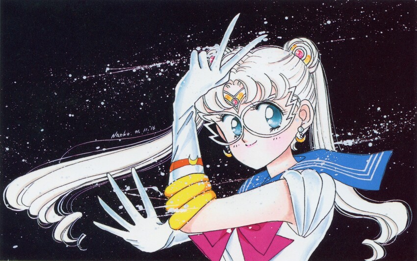 1990s_(style) 1girl absurdres arm_up artbook bishoujo_senshi_sailor_moon black_background blue_eyes blue_sailor_collar closed_mouth crescent crescent_earrings dark_background domino_mask double_bun earrings gloves hair_bun highres jewelry lips long_hair mask official_art pale_skin pink_lips retro_artstyle sailor_collar sailor_moon sailor_moon_(prototype) scan smile solo takeuchi_naoko tsukino_usagi v white_gloves white_hair white_mask