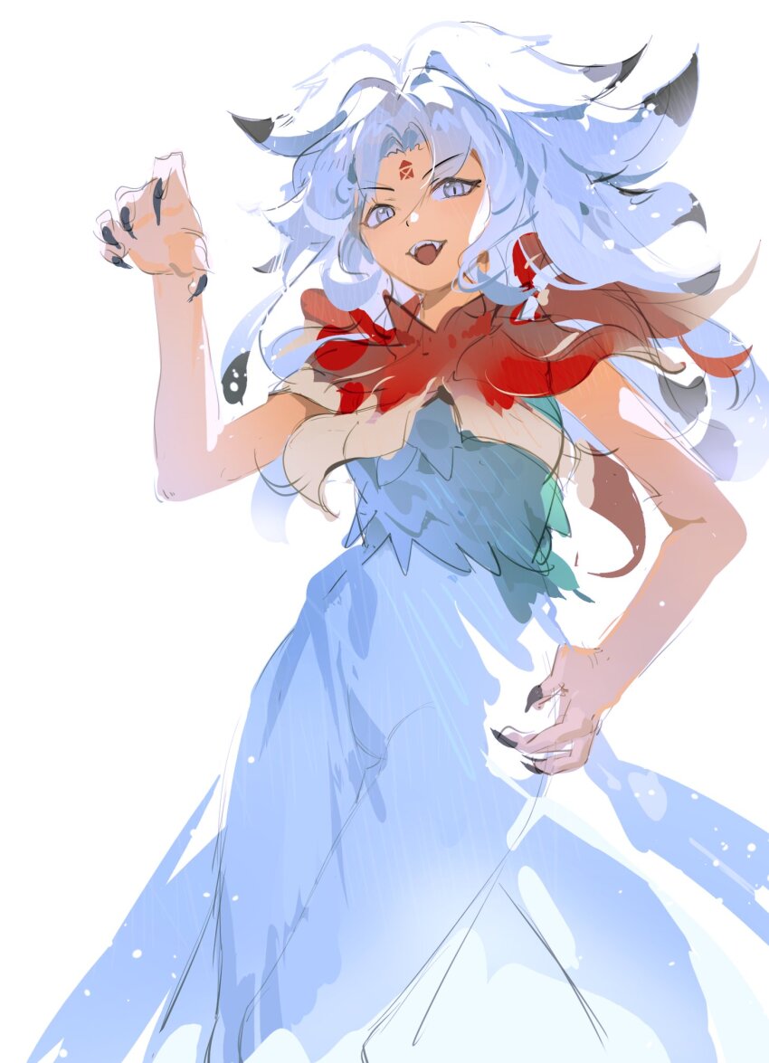 1girl claws dot_nose dress facial_mark fangs forehead_mark fossilized_wonders grey_eyes highres houjuu_chimi long_hair looking_at_viewer messy_hair parted_bangs simple_background siyumu touhou upper_body white_background white_dress white_hair
