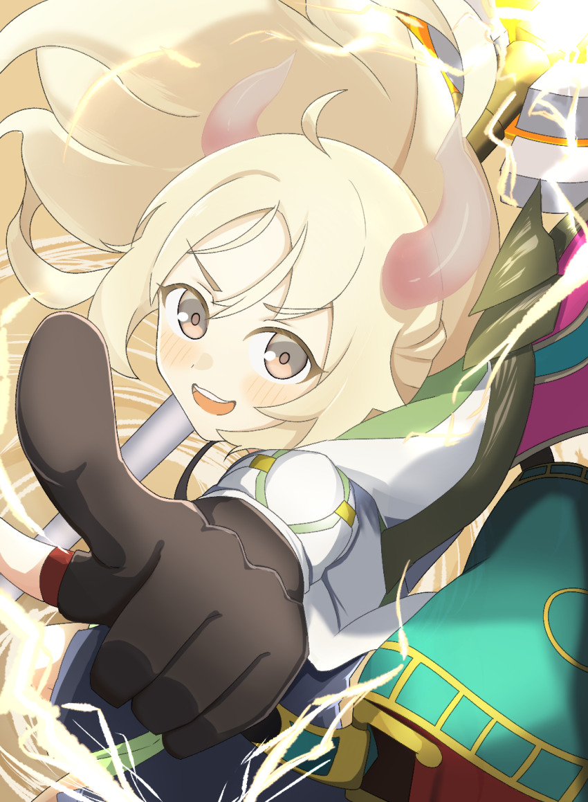 1girl ahoge bag black_gloves blonde_hair blush duel_monster ecclesia_(yu-gi-oh!) gloves highres horns incredible_ecclesia_the_virtuous jacket long_hair long_sleeves looking_at_viewer norakuma official_alternate_costume official_alternate_hairstyle open_mouth pink_eyes smile solo teeth upper_teeth_only weapon white_jacket wings yu-gi-oh!