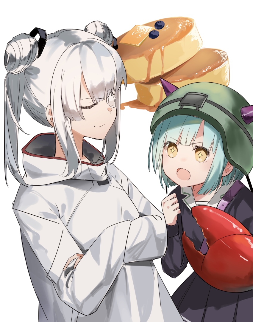 2girls absurdres bungo_yayoi crab_claw double_bun eyepatch fake_horns green_hair hair_bun hair_ornament hat heaven_burns_red highres horns kr_woyue medium_hair multiple_girls one_eye_covered open_mouth short_hair skirt twintails white_hair yamawaki_bon_ivar yellow_eyes