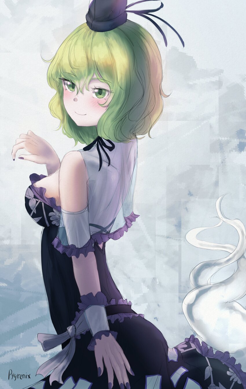 1girl absurdres black_hat black_nails blush closed_mouth ghost_tail green_eyes green_hair grey_background hashtag-only_commentary hat highres looking_at_viewer ofuda ofuda_on_clothes pygrenix short_hair signature smile soga_no_tojiko solo tate_eboshi touhou