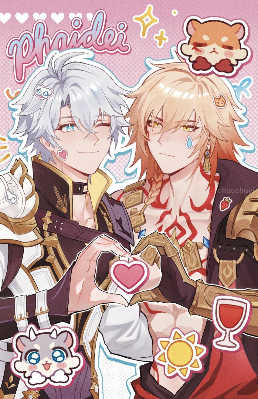 2boys abs antenna_hair armor black_choker black_coat black_shirt blonde_hair blue_eyes braid chest_tattoo choker clawed_gauntlets coat commentary earrings facial_tattoo gold_earrings gold_necklace gradient_hair hair_between_eyes heart heart_hands heart_sticker highres honkai:_star_rail honkai_(series) jewelry lin_(chuuchuyi) male_focus medium_hair multicolored_hair multiple_boys mydei_(honkai:_star_rail) necklace one_eye_closed open_clothes open_coat pauldrons phainon_(honkai:_star_rail) red_hair red_tattoo shirt short_hair shoulder_armor side_braid single_pauldron sticker sticker_on_face tattoo toned toned_male white_coat white_hair yaoi yellow_eyes
