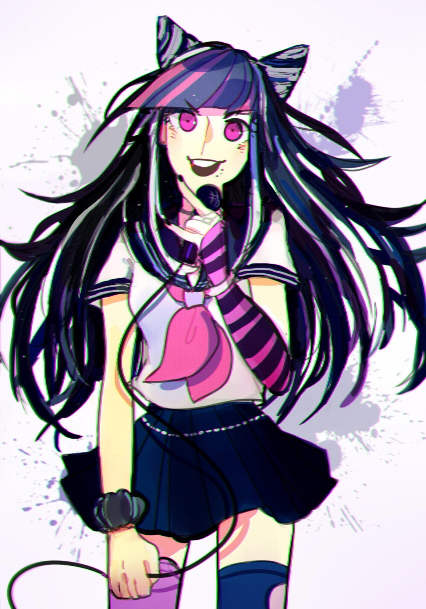 1girl \m/ arm_warmers black_arm_warmers black_choker black_hair black_nails black_sailor_collar black_scrunchie black_skirt blue_thighhighs bracelet cable chain_belt choker cone_hair_bun cowboy_shot danganronpa_(series) danganronpa_2:_goodbye_despair double_bun eyelashes face_piercing fettuchi hair_bun hand_on_own_thigh highres holding holding_microphone jewelry lip_piercing long_hair microphone miniskirt mioda_ibuki mismatched_thighhighs multicolored_hair nail_polish neckerchief open_mouth piercing pink_arm_warmers pink_eyes pink_hair pink_neckerchief pink_theme pleated_skirt polka_dot_thighhighs sailor_collar school_uniform scrunchie serafuku shirt short_sleeves single_arm_warmer skirt smile solo splatter standing streaked_hair striped_arm_warmers teeth thighhighs two-tone_arm_warmers upper_teeth_only very_long_hair white_background white_hair white_shirt wrist_scrunchie