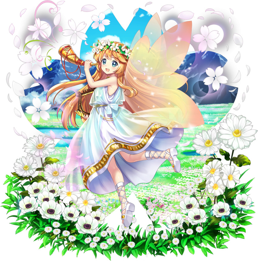 1girl alternate_costume ancient_greek_clothes anemone_(flower) blonde_hair blue_eyes blue_sky blush daisy_(flower) day dress fairy fairy_wings flower full_body game_cg grass greco-roman_clothes happy head_wreath highres holding holding_instrument horn_(instrument) instrument lens_flare lily_white lily_white_(white_lily_blooming_in_spring) long_hair lyre mountainous_horizon official_art olifant_(instrument) open_mouth outdoors petals rotte_(1109) sandals shoe_soles sky solo third-party_source touhou touhou_lostword transparent_background very_long_hair white_dress white_flower white_sandals wings