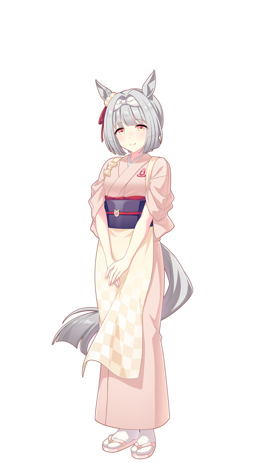 1girl animal_ears apron blunt_bangs blunt_sidelocks blunt_tail bow breasts checkered_apron checkered_clothes closed_mouth ear_ribbon full_body grey_hair grey_tail hair_bow highres horse_ears horse_girl horse_tail horseshoe_ornament horseshoe_print japanese_clothes kimono looking_at_viewer obi obiage obijime official_art orange_eyes own_hands_together pink_kimono pink_sandals red_ribbon ribbon sandals sash short_hair short_sleeves sidelocks simple_background small_breasts smile socks solo standing tabi tachi-e tail tareme transparent_background umamusume white_bow white_socks yellow_apron yunohana_bloom_(umamusume)