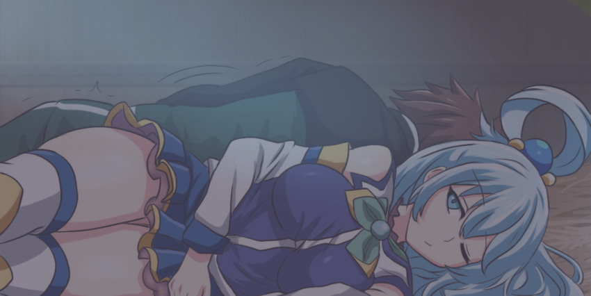 1boy 1girl aqua_(konosuba) barn blue_eyes blue_footwear blue_hair blue_shirt blue_skirt blue_thighhighs boots breasts brown_hair contemporary curious detached_sleeves green_jacket hair_ornament hair_rings hay hippo_power jacket kono_subarashii_sekai_ni_shukufuku_wo! long_hair male_masturbation masturbation medium_breasts night no_panties one_eye_closed satou_kazuma shirt single_hair_ring skirt thigh_boots thighhighs thighhighs_under_boots track_suit