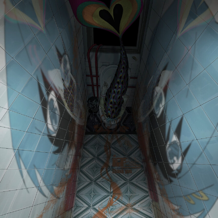 1girl bathroom blood_trail bloomers blue_eyes blue_hair blue_tail carpet chinese_commentary commentary_request commission crumpled_paper fins fish_tail frilled_sleeves frills hair_between_eyes heart highres indoors kokaiff long_sleeves mahou_shoujo_madoka_magica mahou_shoujo_madoka_magica_(anime) mermaid miki_sayaka mitakihara_school_uniform monster_girl night oktavia_von_seckendorff orange_bloomers reflective_wall sample_watermark school_uniform shirt short_hair sleeve_cuffs tail thank_you tile_floor tile_wall tiles toilet trash_can underwear watermark window yellow_shirt