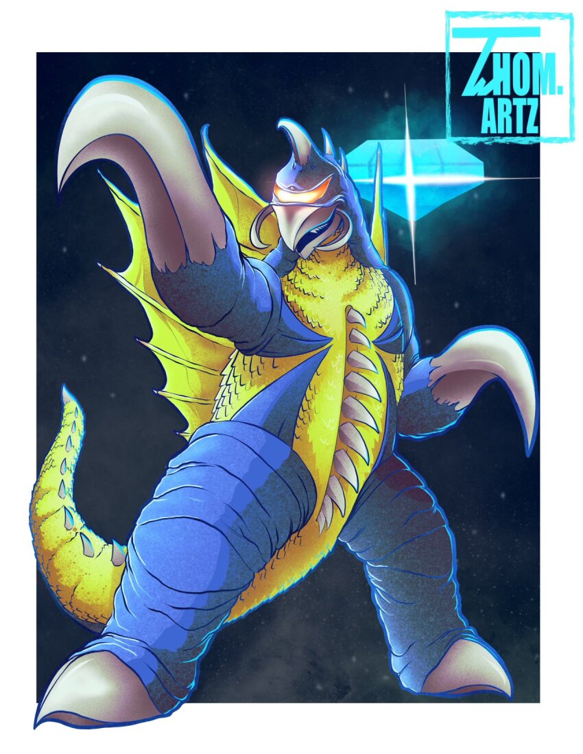alien beak buzzsaw_(tool) cyborg diamond_(gemstone) full_body gem gigan glowing glowing_eyes glowing_gem godzilla_(series) godzilla_vs._gigan highres hook kaiju mandibles night no_humans one-eyed red_eyes sharp_teeth signature sky space space_monster spikes star_(sky) starry_sky tail teeth thomdotartz toho